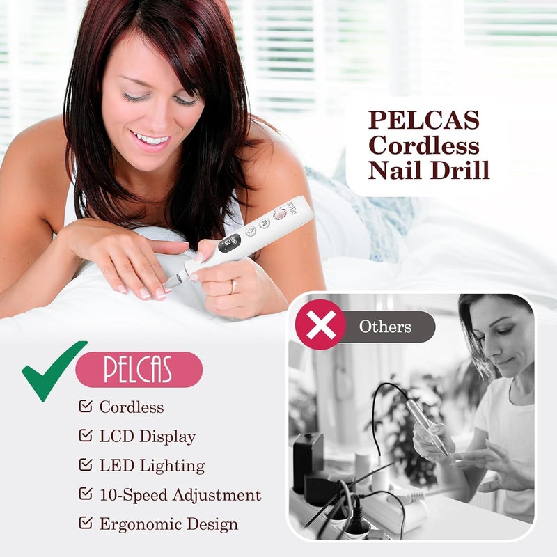 PELCAS Electric Nail File, 10 Speeds Cordless Nail Drill with LED Light, Portable Manicure and Pedicure Kit, Nail Grinder with LCD Screen for Human, Pet, Thick Toenails, Natural & Acrylic Nails - Image 3